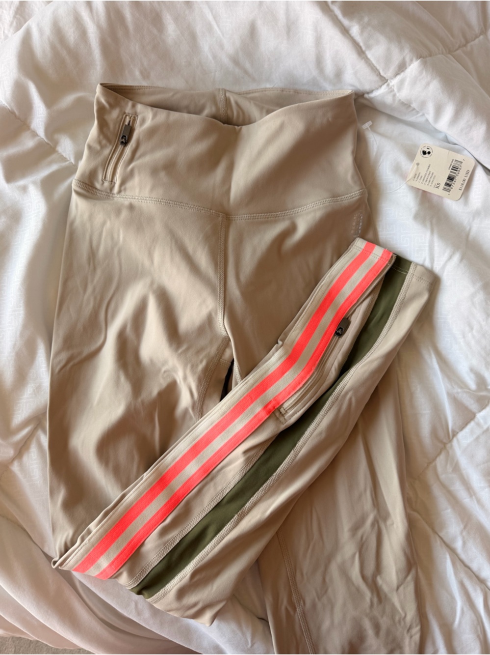 Beige Athletic Leggings with Orange Stripe Detail